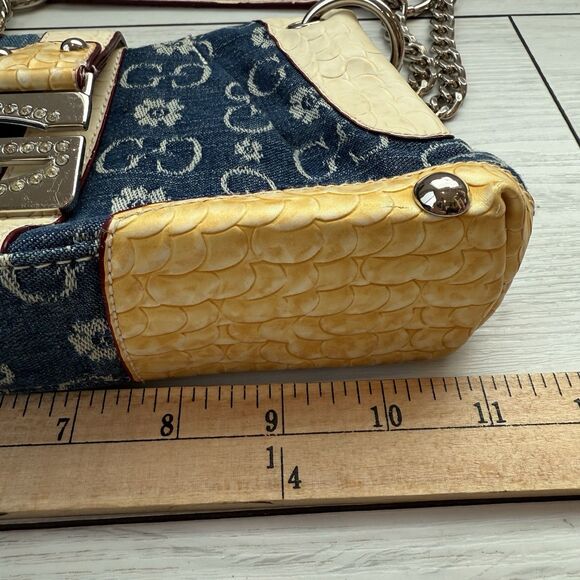 Y2K Gussaci Denim Monogram Faux Croc Leather Baguette Bag Purse Bling Big Buckle - Picture 11 of 13